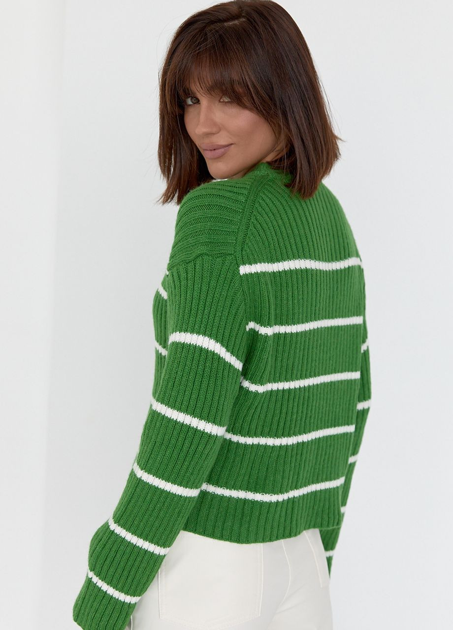 Зеленый демисезонный женский вязаный свитер оверсайз в полоску Lurex