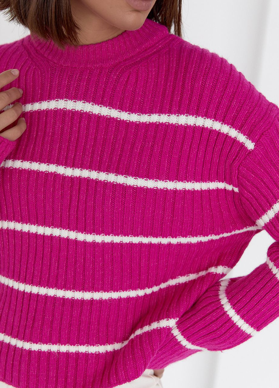Фуксиновий (колору Фукія) демісезонний жіночий в'язаний светр оверсайз в смужку Lurex