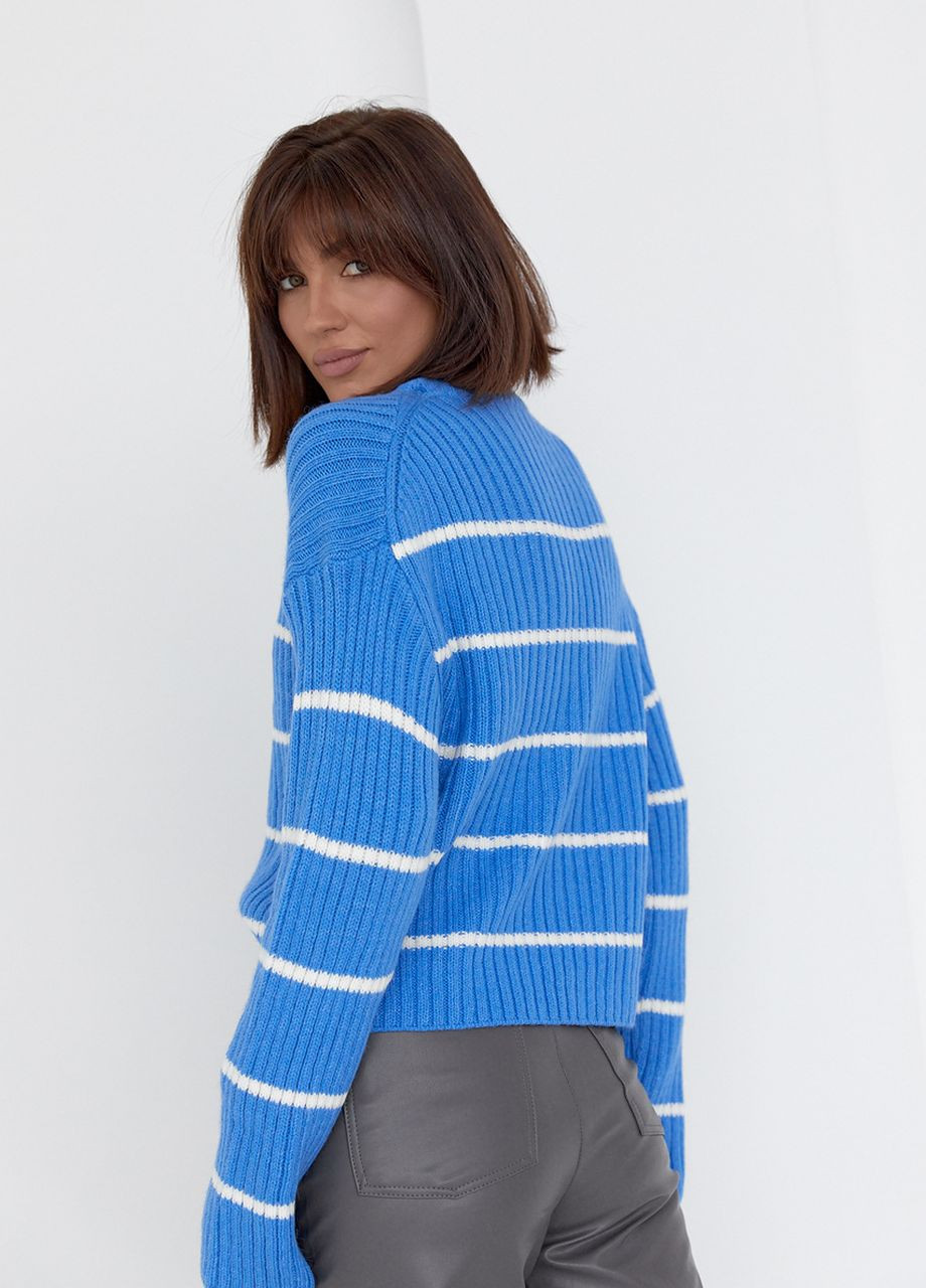 Синій демісезонний жіночий в'язаний светр оверсайз в смужку Lurex