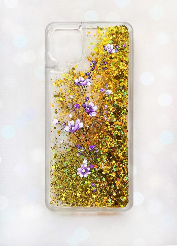Чехол с плавающими блестками Samsung A12 Золотой :: Веточка цветов (принт 278) Creative (262605464)