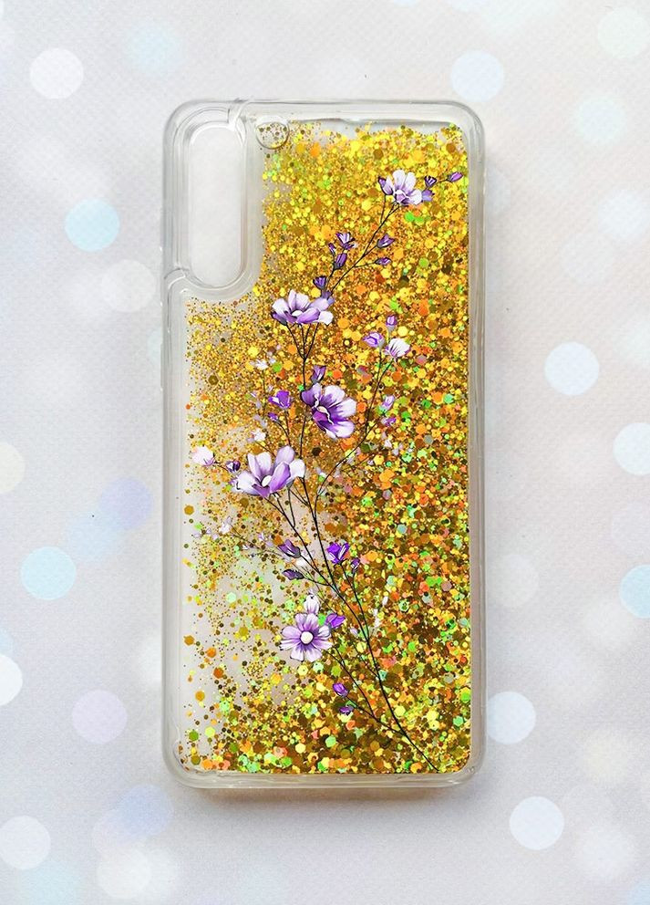 Чехол с плавающими блестками на Samsung Galaxy A50 (2019) A505F Золотой :: Веточка цветов (принт 278) Creative (262605248)