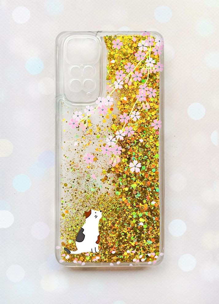 Чехол с плавающими блестками на Xiaomi Redmi Note 11 Золотой :: Котик и сакура (принт 283) Creative (262608524)