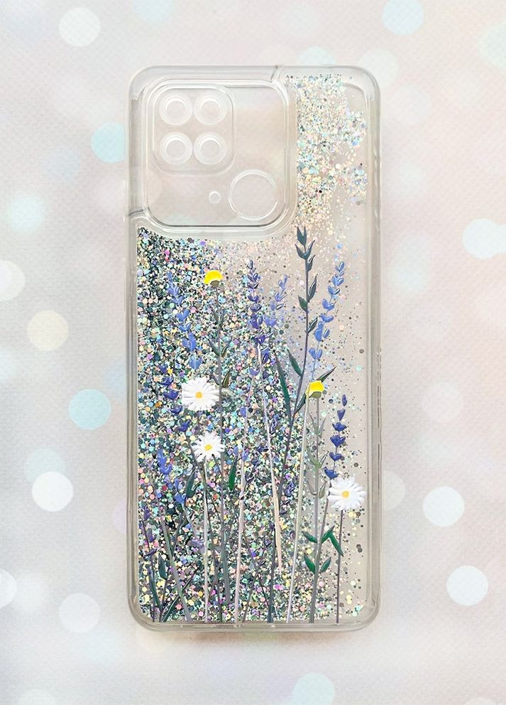 Чехол с плавающими блестками на Xiaomi Redmi 10С Серебряный :: Полевые цветы (принт 270) Creative (262605834)