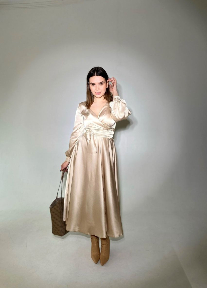 Бежева вечірня плаття а-силует, на запах, з спідницею-сонце JadFashion однотонна