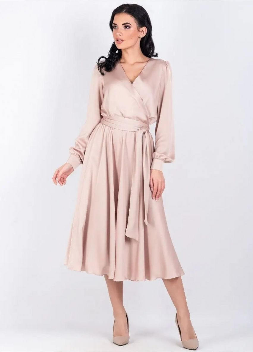 Бежевое кэжуал платье с юбкой-солнце, на запах JadFashion однотонное