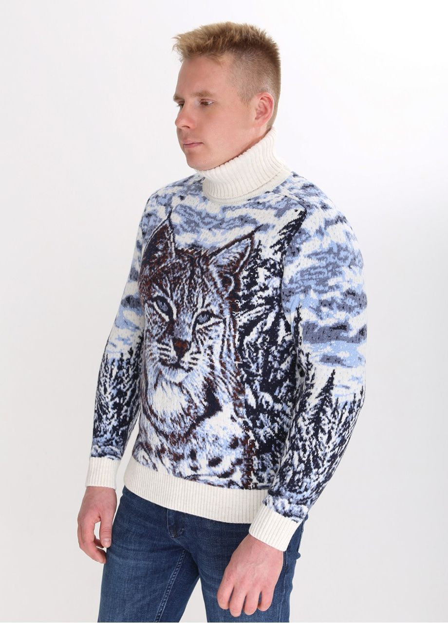 Молочный зимний свитер мужской молочный зимний принт с рысью Pulltonic Прямой