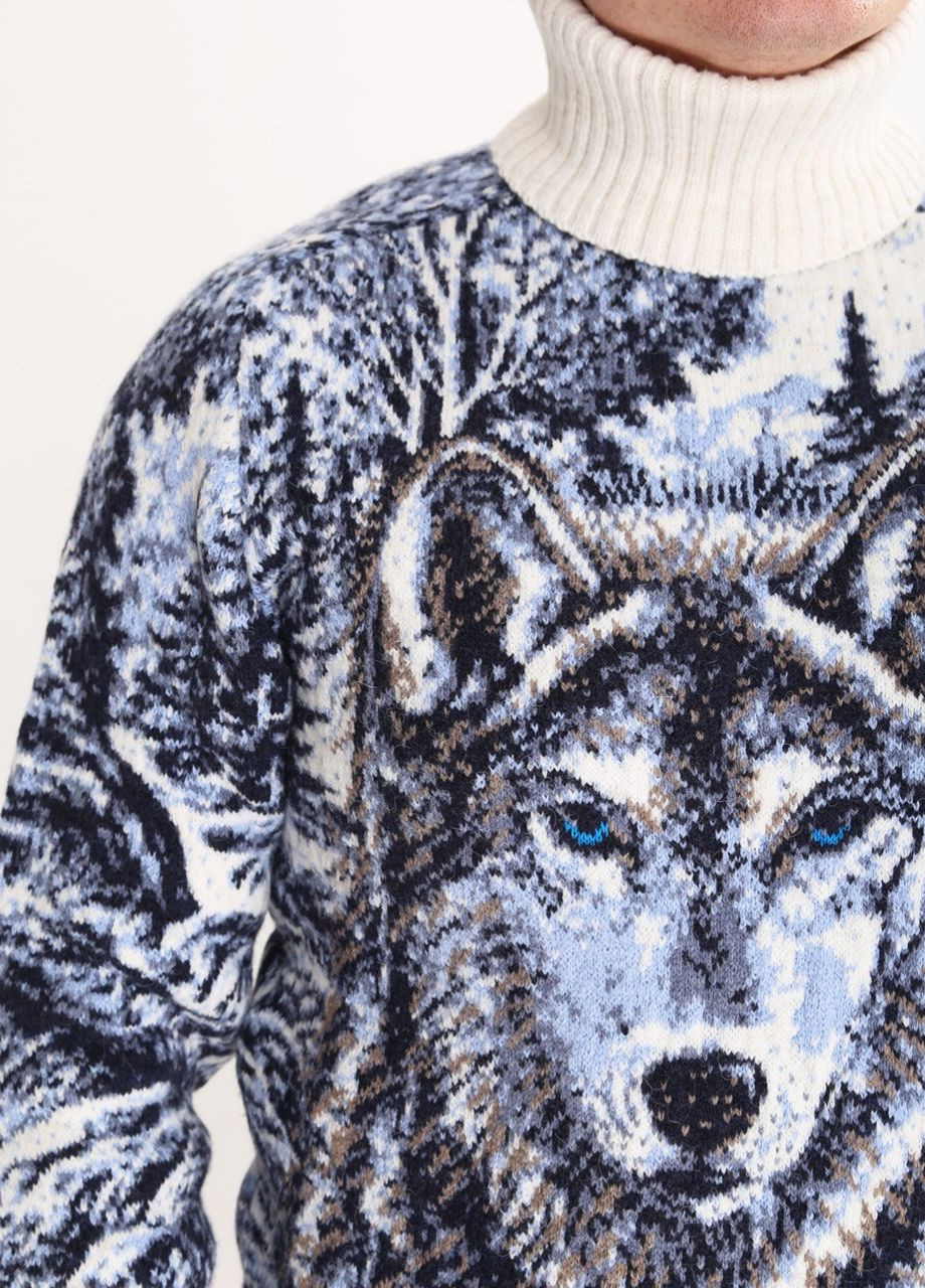 Белый зимний свитер мужской белый зимний принт с волком Pulltonic Прямой