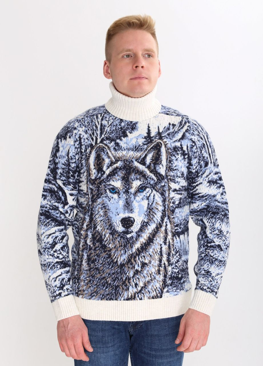 Белый зимний свитер мужской белый зимний принт с волком Pulltonic Прямой