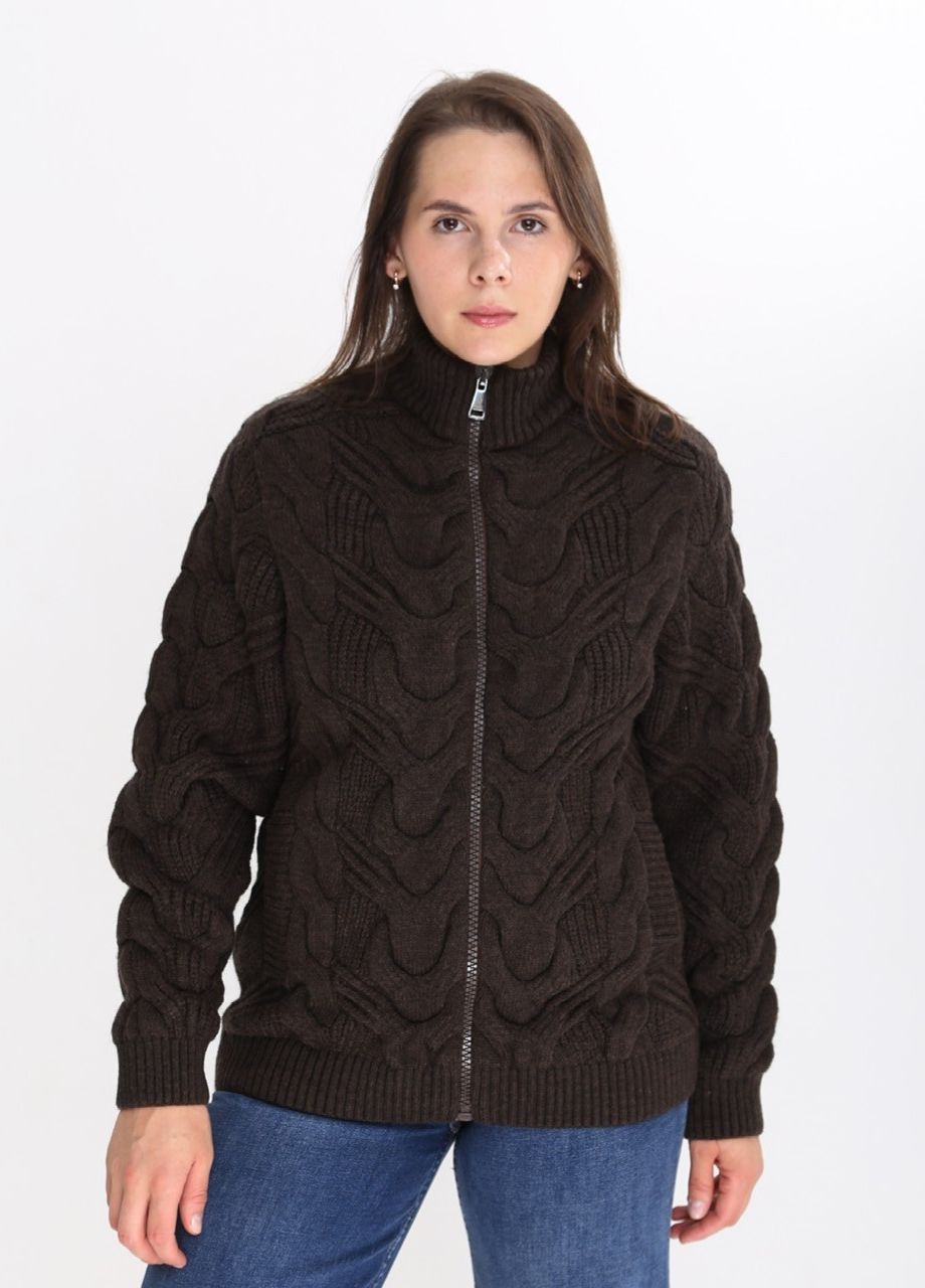 Коричневый зимний свитер женский коричневый на молнии зимний с косами Pulltonic Прямая
