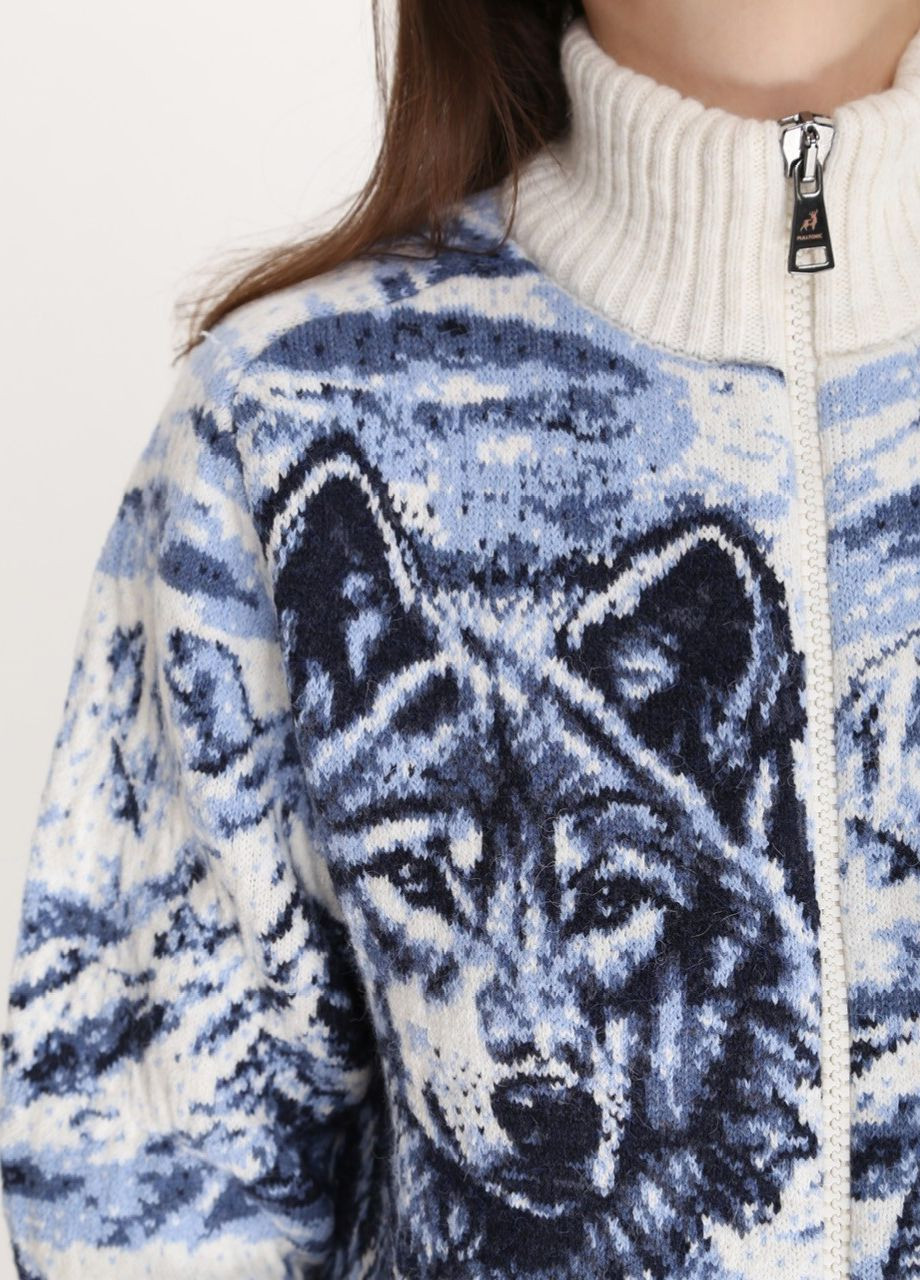 Белый зимний свитер женский белый зимний с волками на молнии Pulltonic Прямая