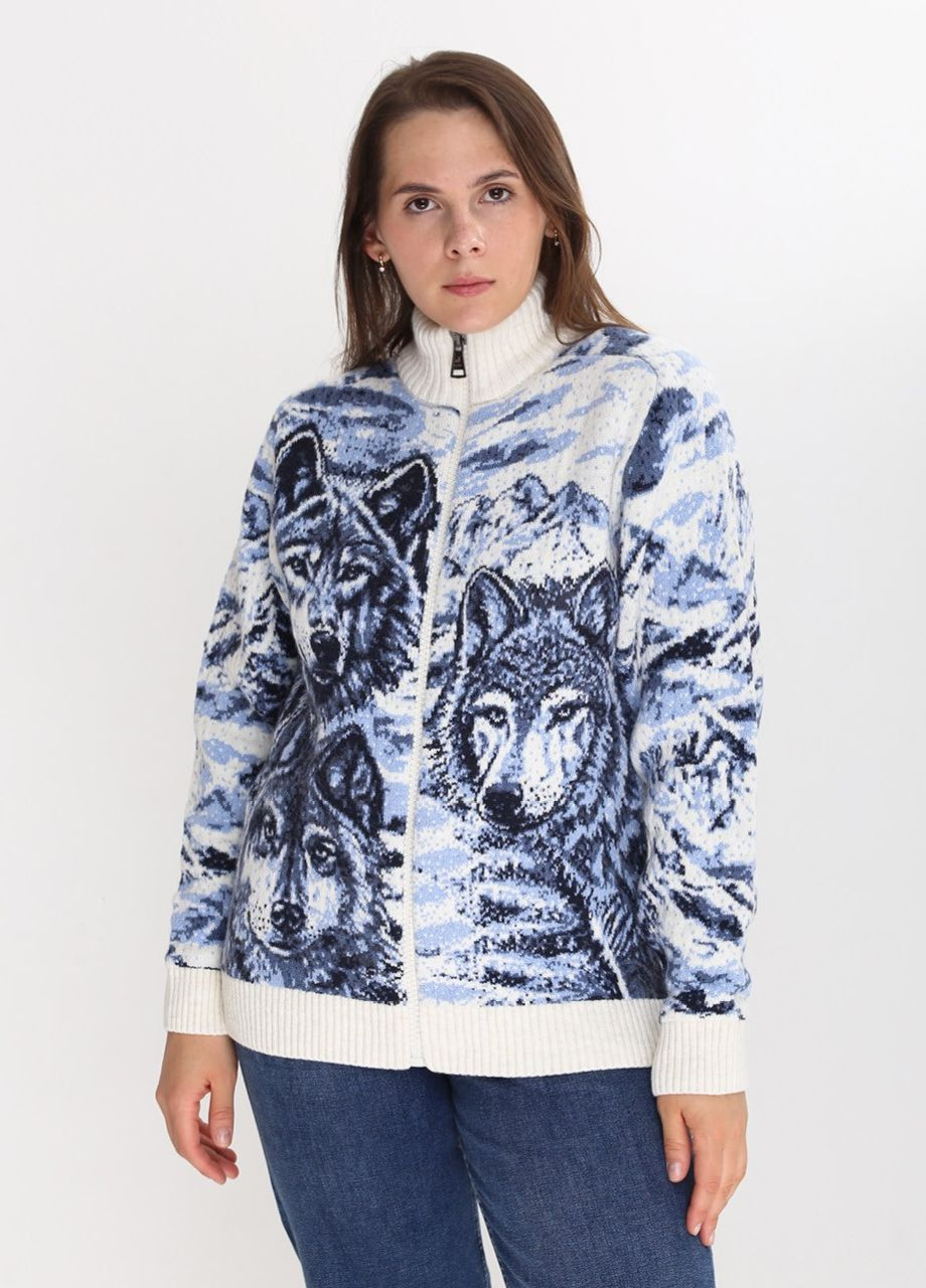 Белый зимний свитер женский белый зимний с волками на молнии Pulltonic Прямая