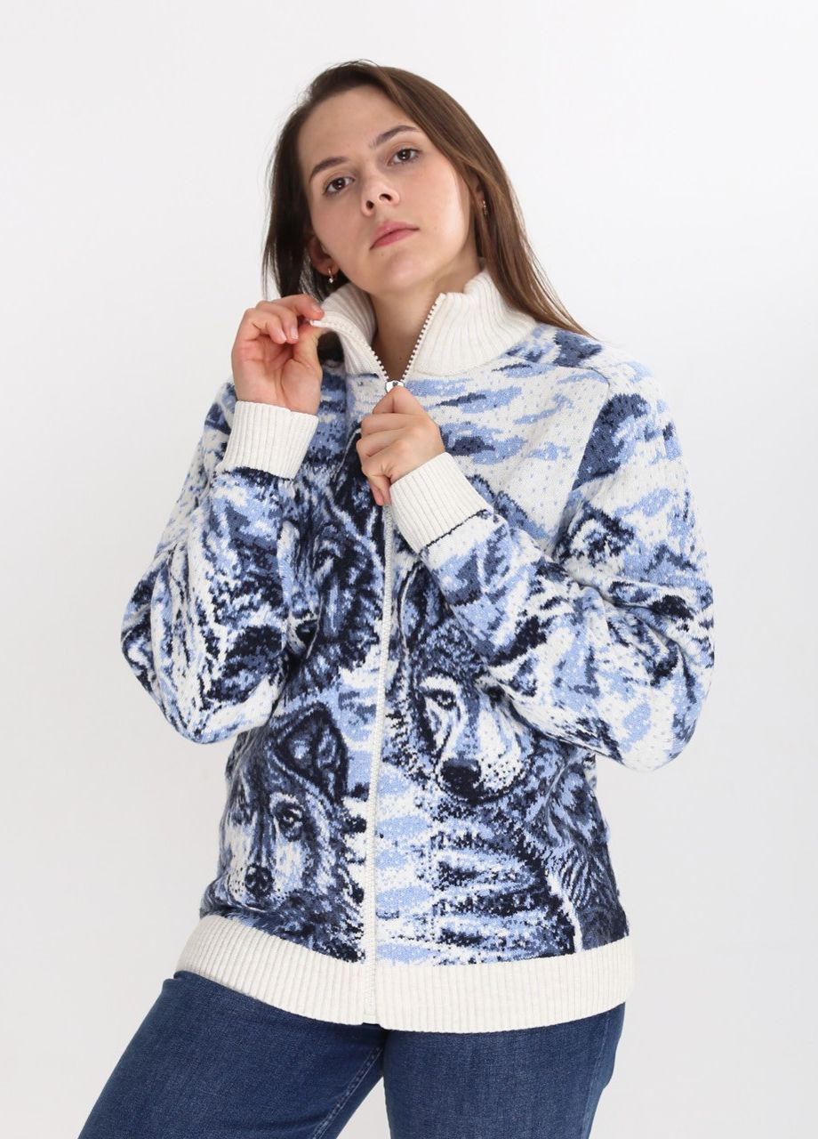 Белый зимний свитер женский белый зимний с волками на молнии Pulltonic Прямая