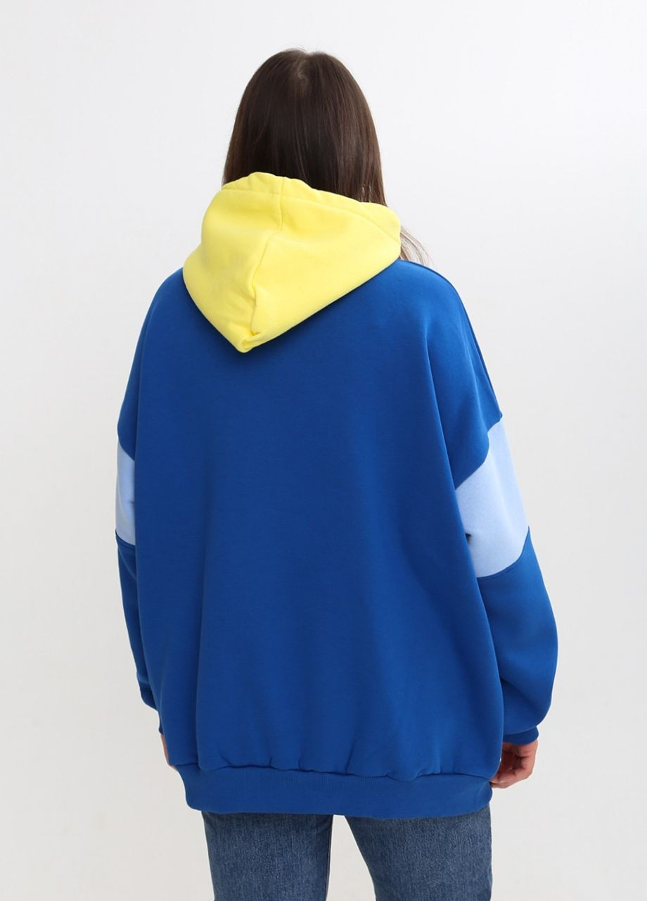 Худи женское синее с желтым на флисе и капюшоном MDG свободная (262891429)