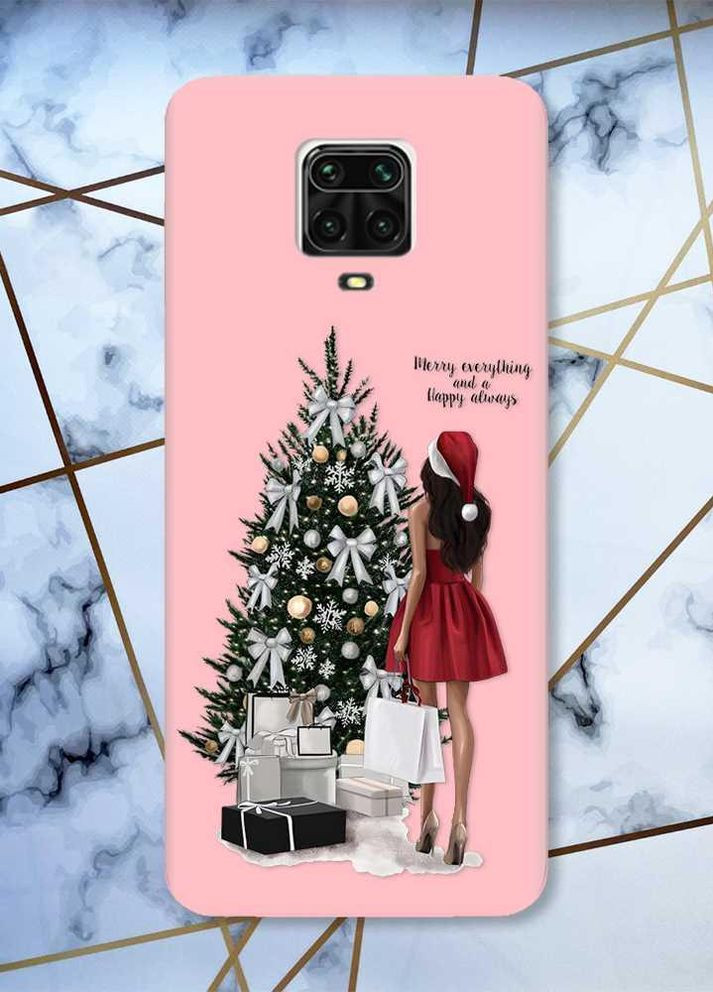 Матовый розовый чехол на Xiaomi Redmi Note 9 Pro / 9S / 9 Pro Max Девушка возле новогодней ёлки принт 140 Creative (262820441)