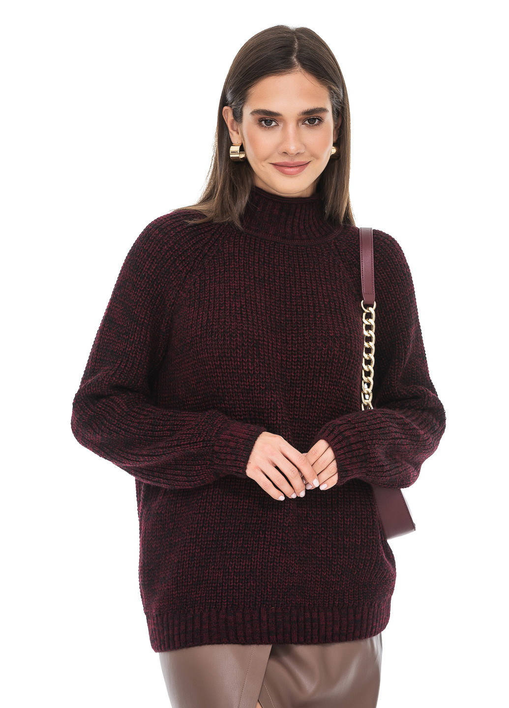 Бордовий меланжевий светр об’ємної в'язки SVTR