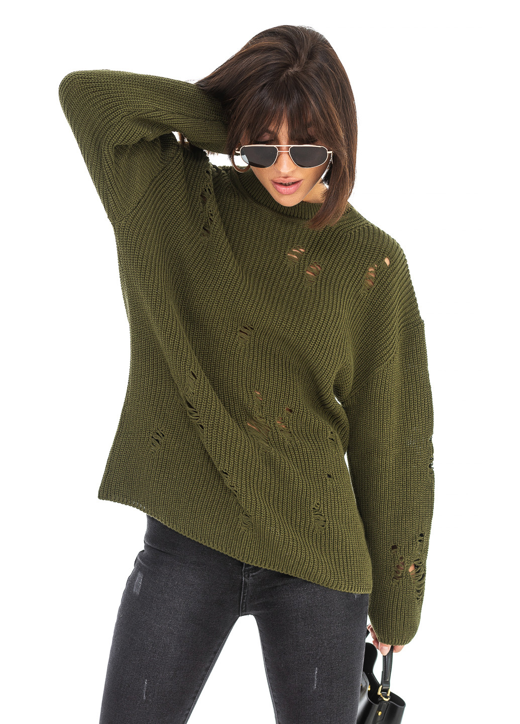 Оливковый (хаки) женский свитер с дырками. SVTR