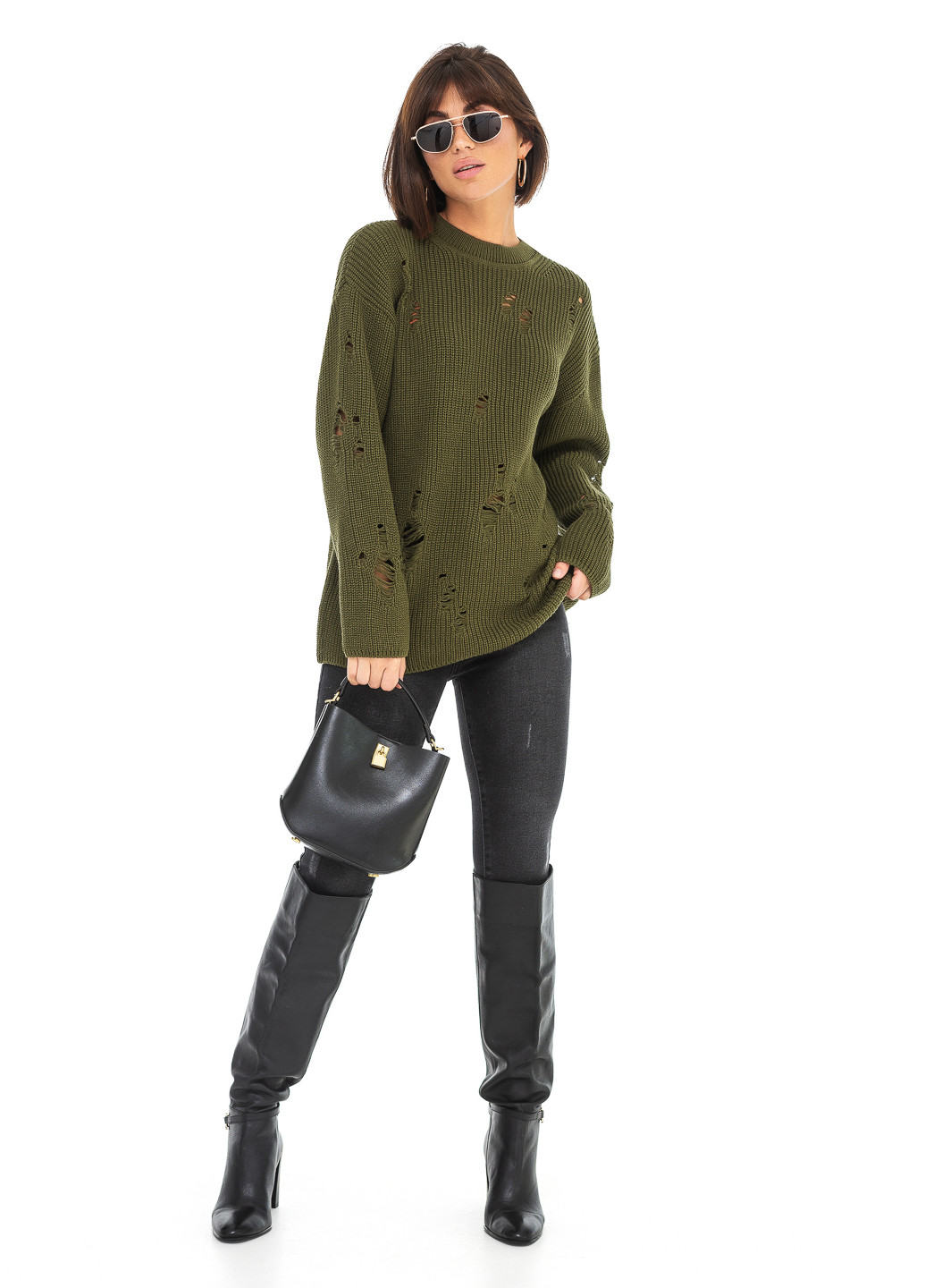 Оливковый (хаки) женский свитер с дырками. SVTR