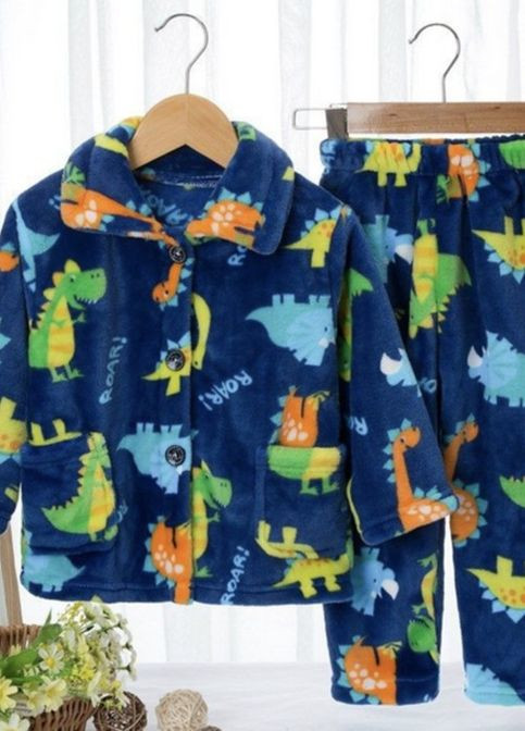 Синяя всесезон пижама детская теплая с динозаврами catt 120 синий No Brand