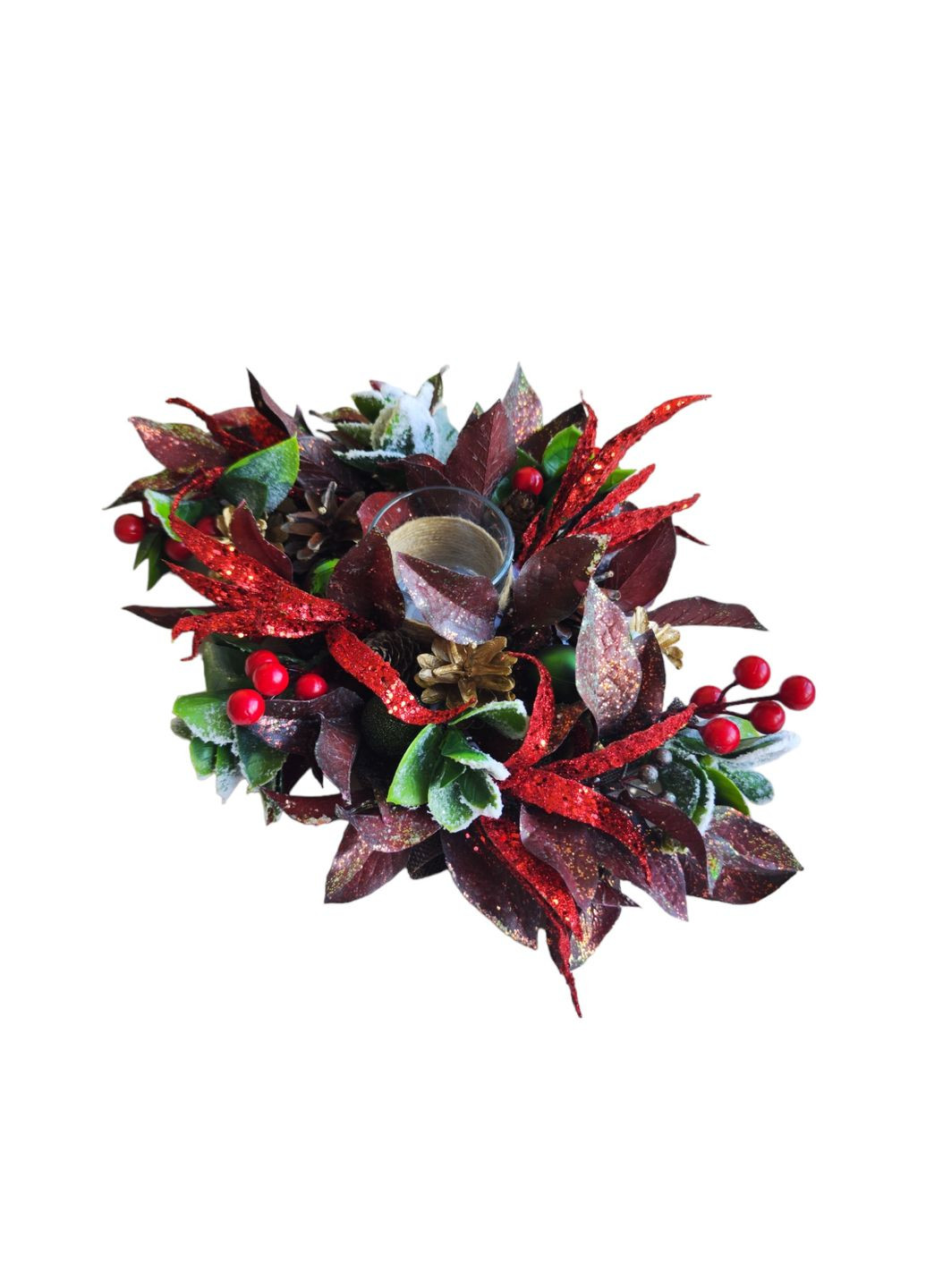 Рождественский декор на стол. Подсвечник со стеклянной колбой с декором из шишек и ягод бордового цвета Ksenija Vitali (263063890)