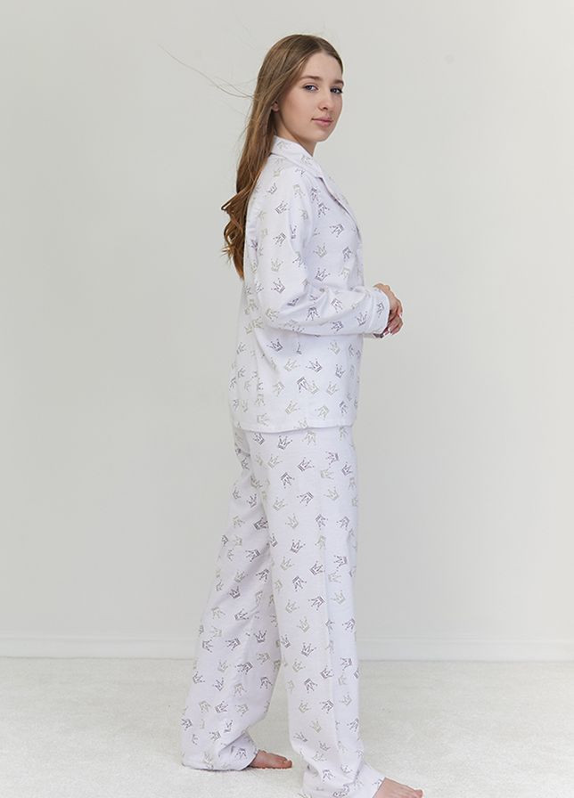 Белая всесезон пижамный костюм из фланели с брюками crown Forly