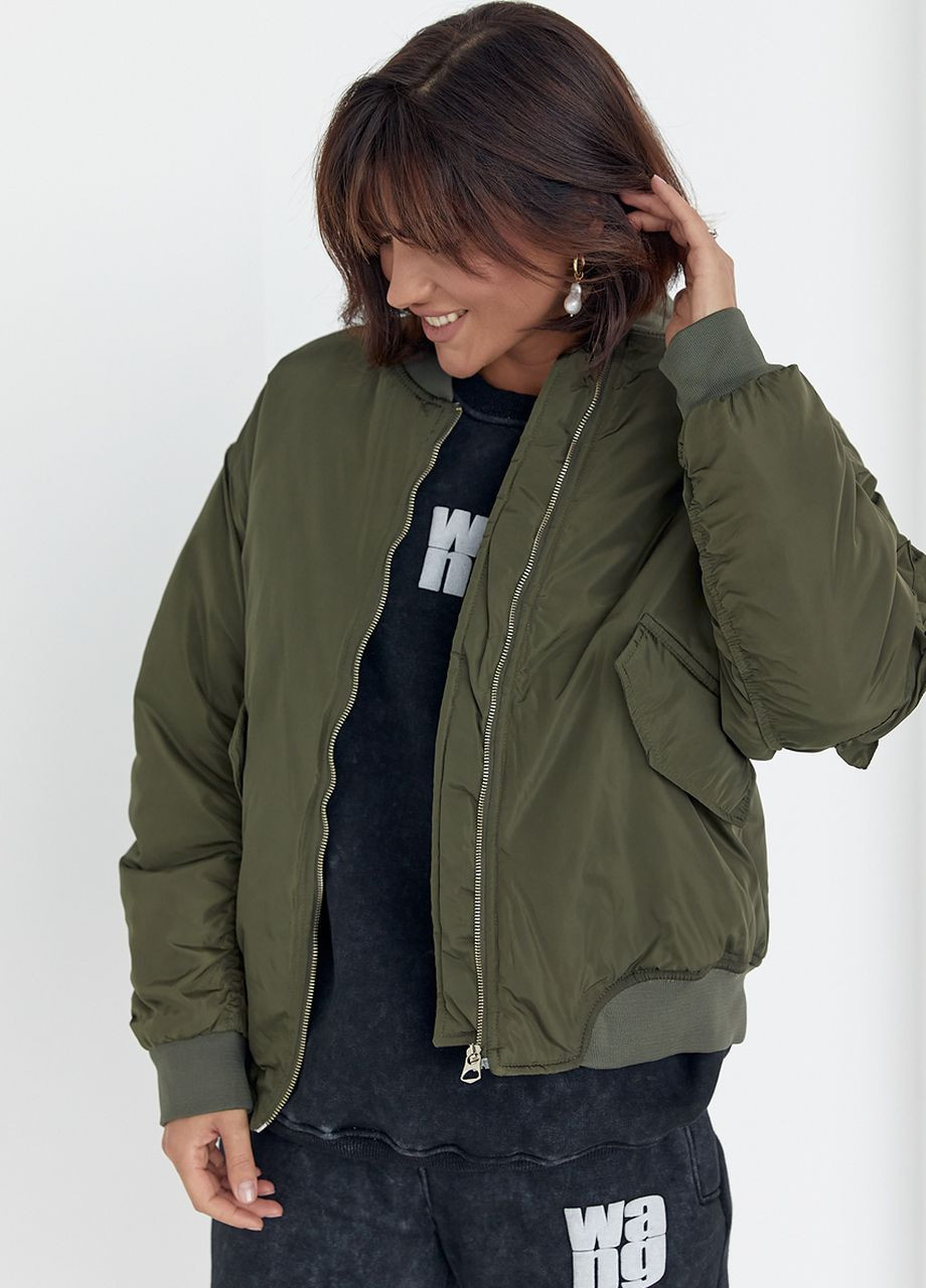 Оливкова (хакі) демісезонна жіноча демісезонна куртка на блискавці Lurex