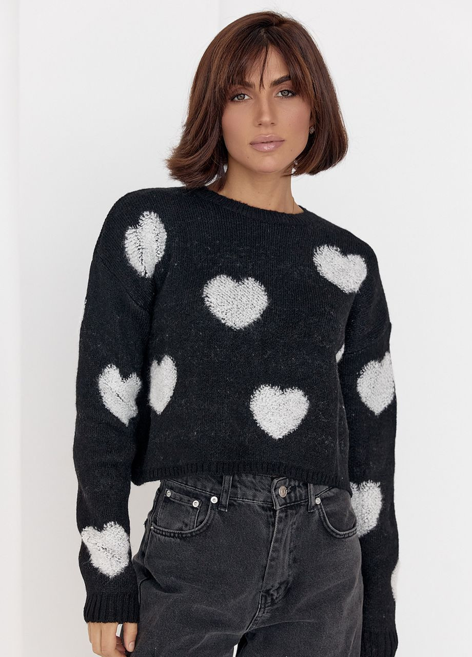 Чорний демісезонний жіночий в'язаний светр oversize з серцем Lurex
