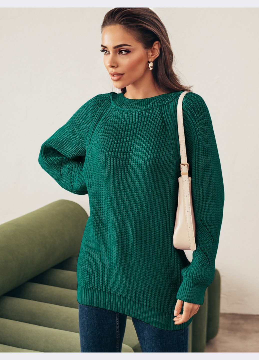 Смарагдовий демісезонний вовняний джемпер вільного крою темно-зелений Dressa