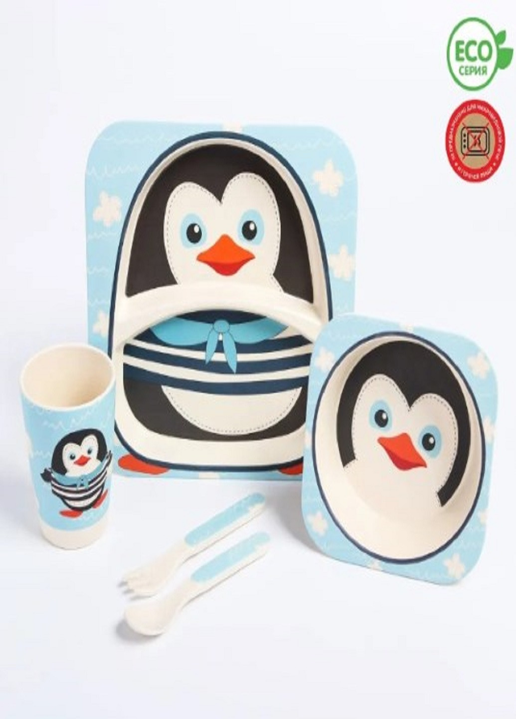 Бамбуковый набор детской посуды ECO friendly product 5 предметов пингвинчик голубой VTech (263346958)