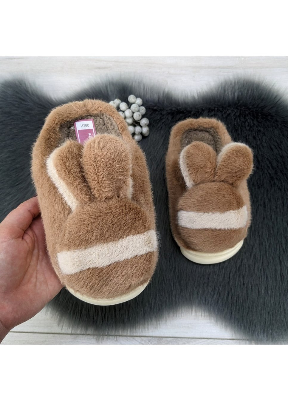 Коричневые тапочки детские меховые без задника Fashion