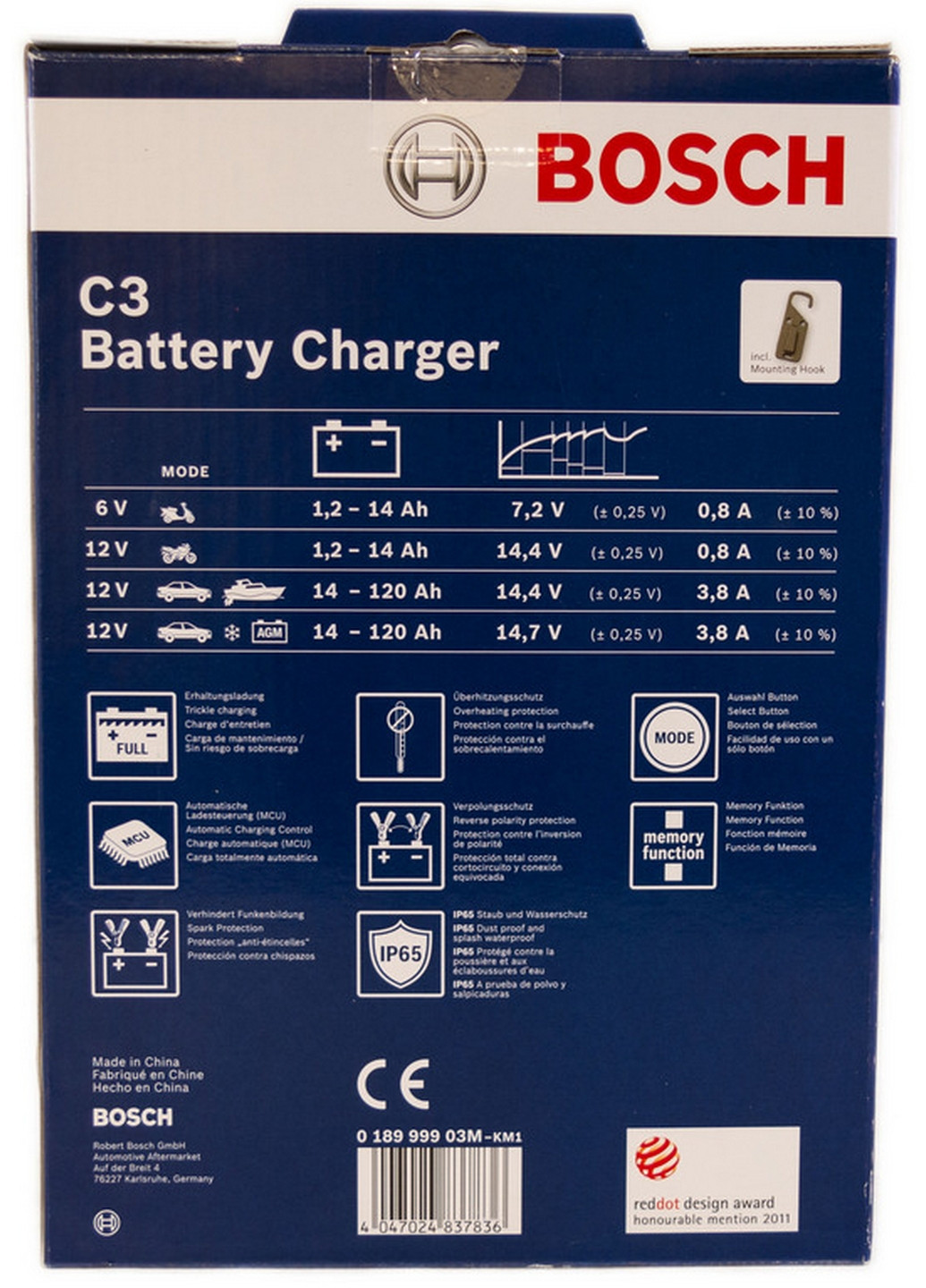 Зарядное устройство 6/12 В 3.8 А 230 В C3 8х28х20 см Bosch (263424442)