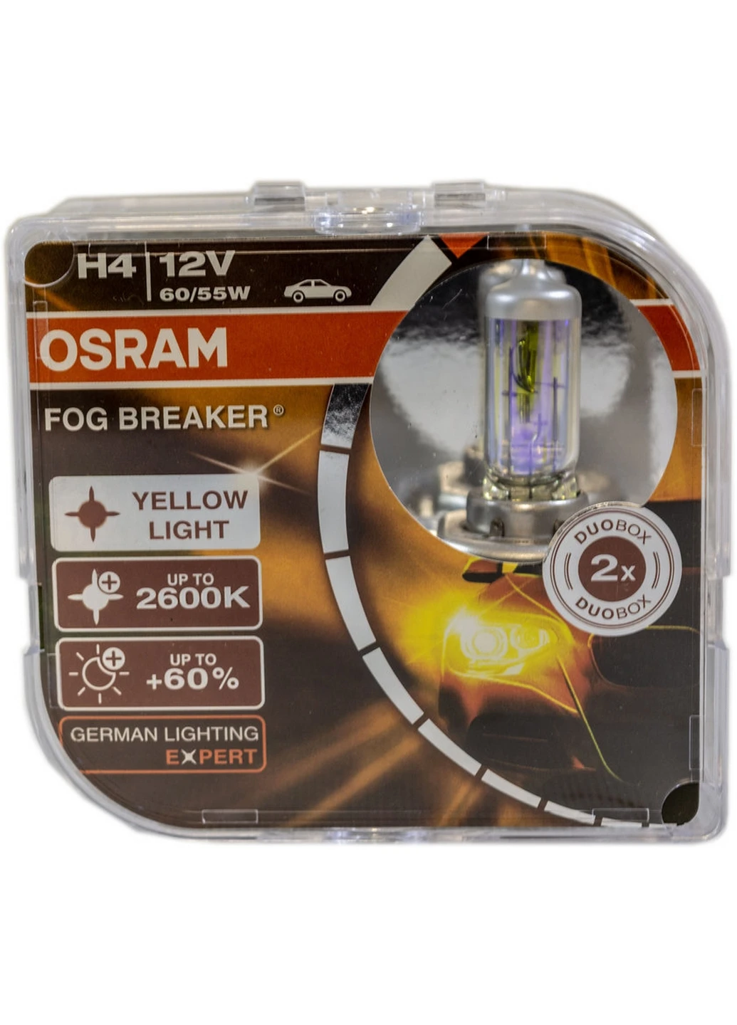Галогенна лампа H4 12V 60/55W P43T +60% Fog Breaker 2600K (2 шт.) 5х11,5х10,5 см Osram (263424515)