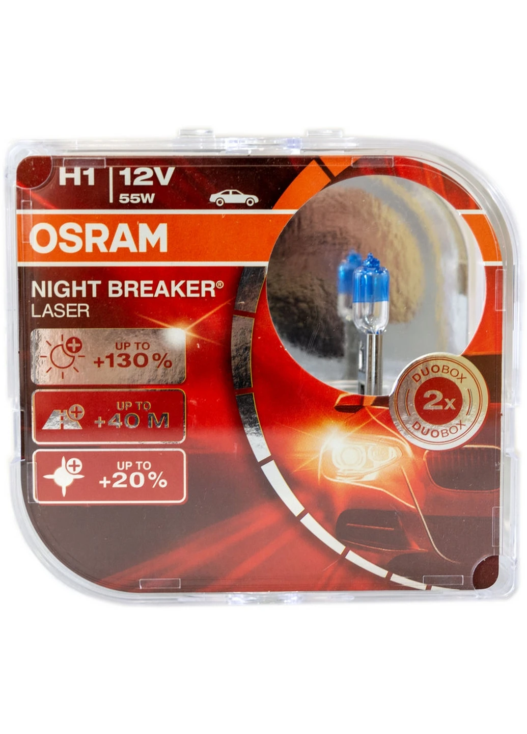 Галогенная лампа H1 12V 55W P14,5s +130% Night Breaker Laser, (2 шт.) 6х12х9 см Osram (263425532)