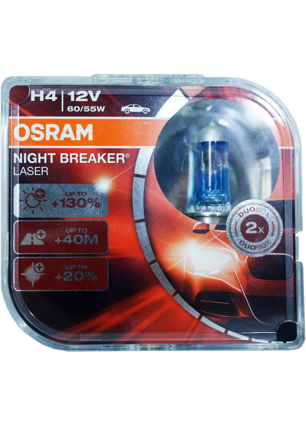 Галогенная лампа H4 12V 60/55W P43T +130% Night Breaker Laser, (2 шт.) 5х10,5х11 см Osram (263427043)