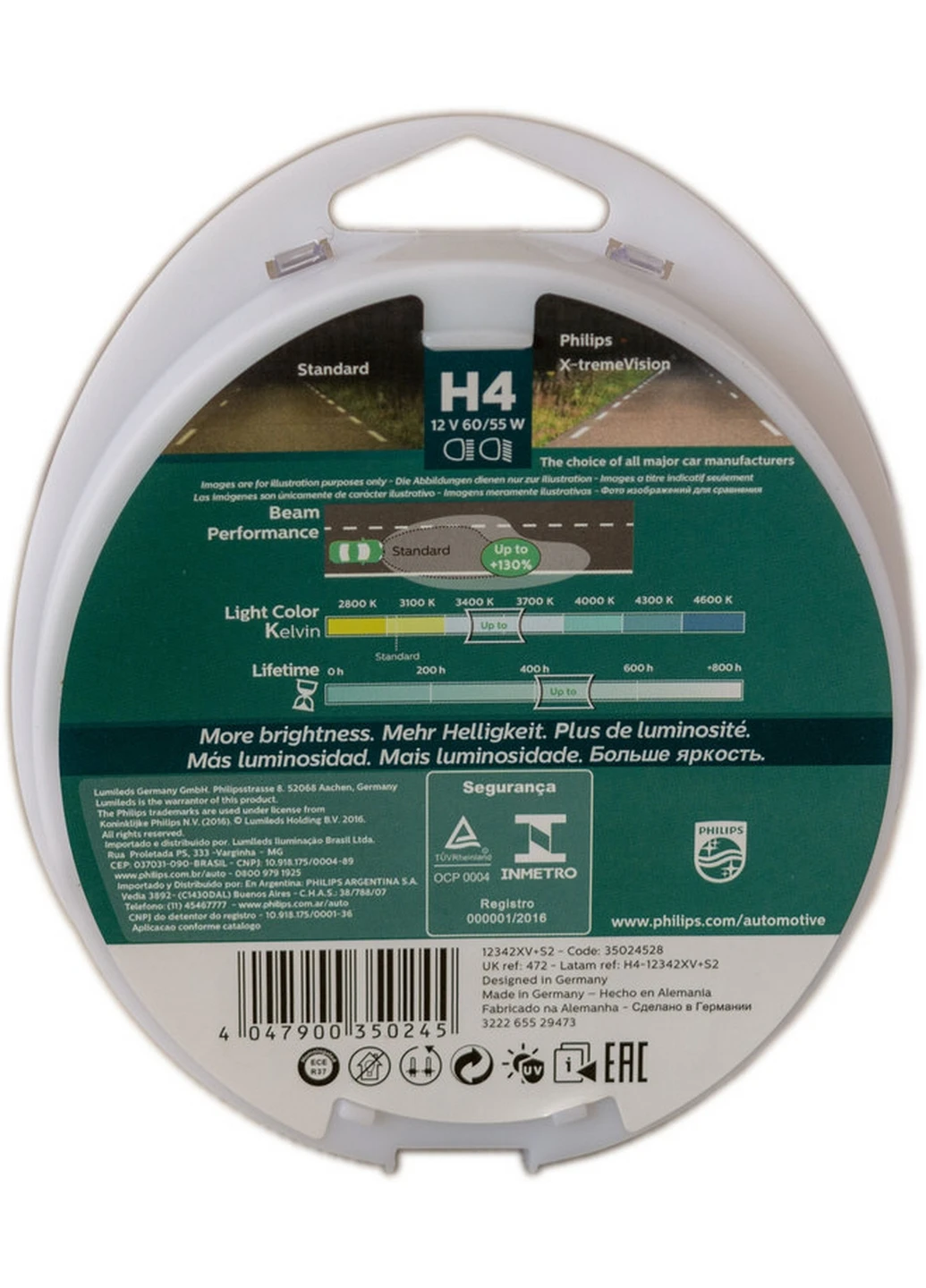 Галогенная лампа H4 12V 60/55W P43T +130% X-Treme Vision (2 шт.) 5х12х10 см Philips (263424444)