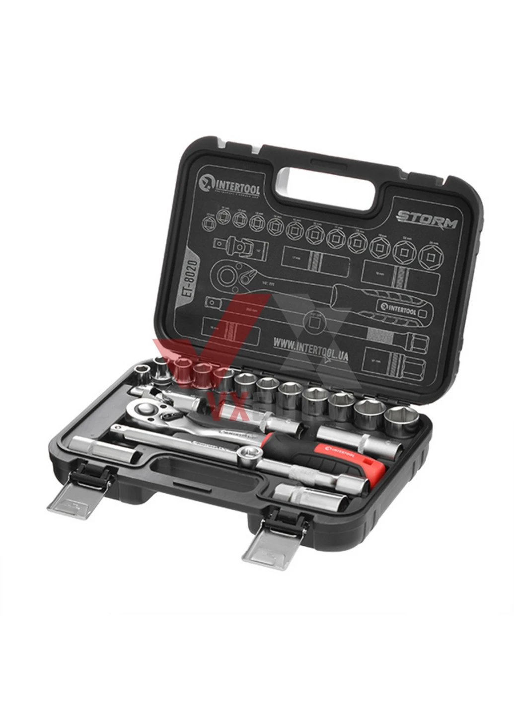 Комплект головок 1/2'' 20 од. (10-24 мм) STORM Cr-V (з рукояткою з храповим механізмом + насадки) 30х22х7 см Intertool (263426355)