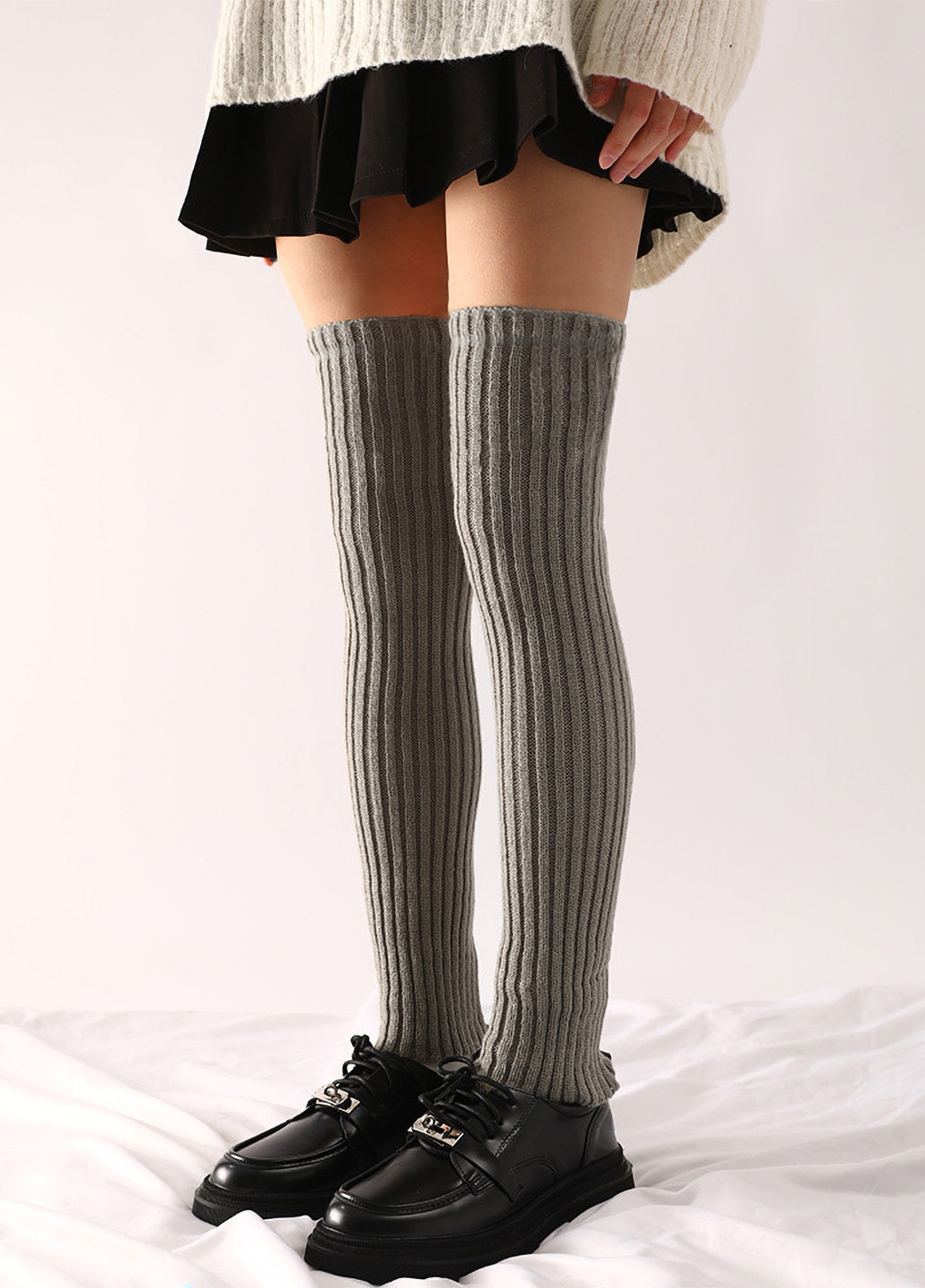 Гетри високі у рубчик сірі One Size No Brand (264031394)