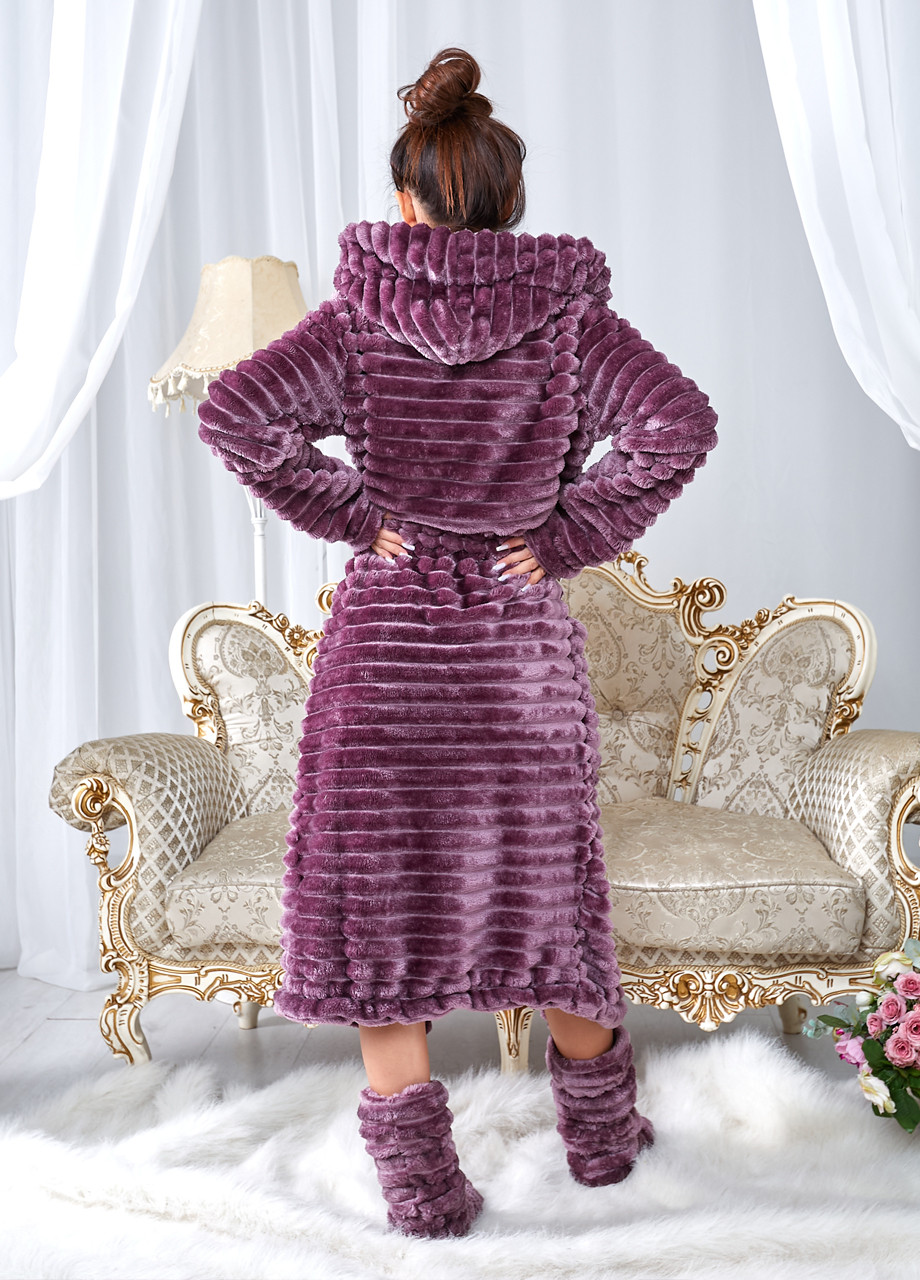 Махровий жіночий халат-шубка з капюшоном та кімнатними чобітками в комплекті Selim-tekstil (263683581)