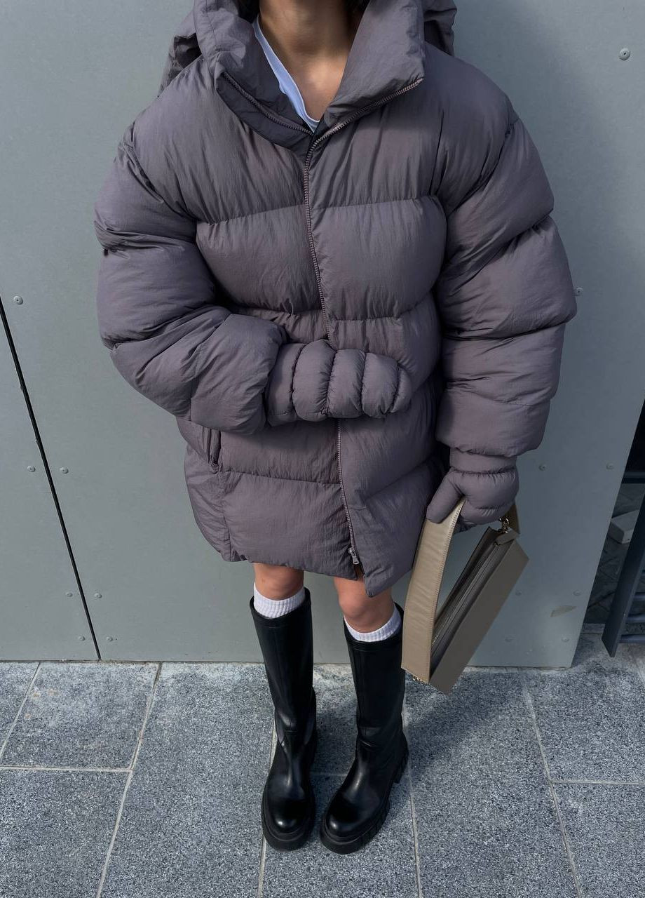 Серая зимняя женская зимняя куртка удлиненная с варежками ZF inspire