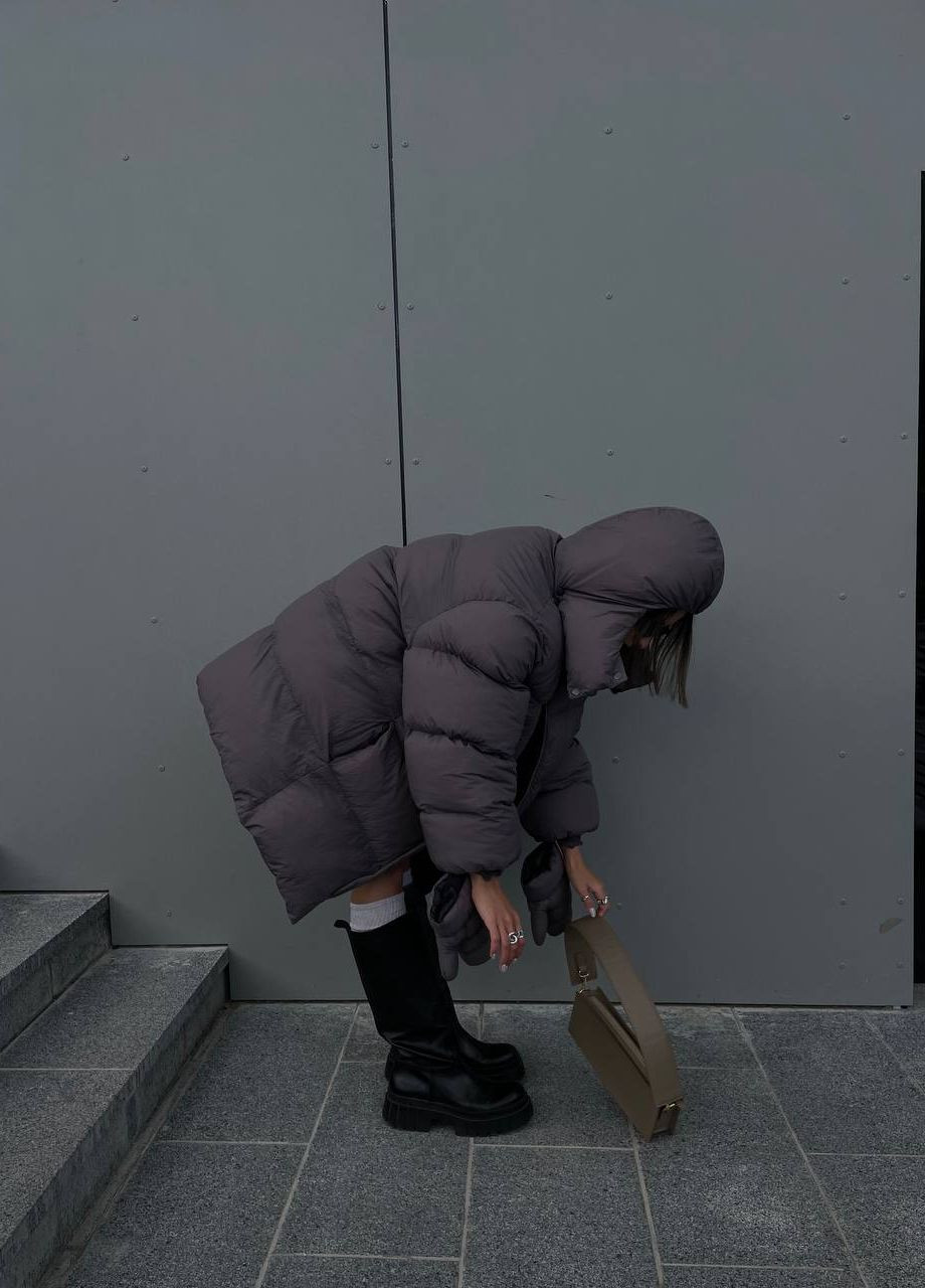 Серая зимняя женская зимняя куртка удлиненная с варежками ZF inspire