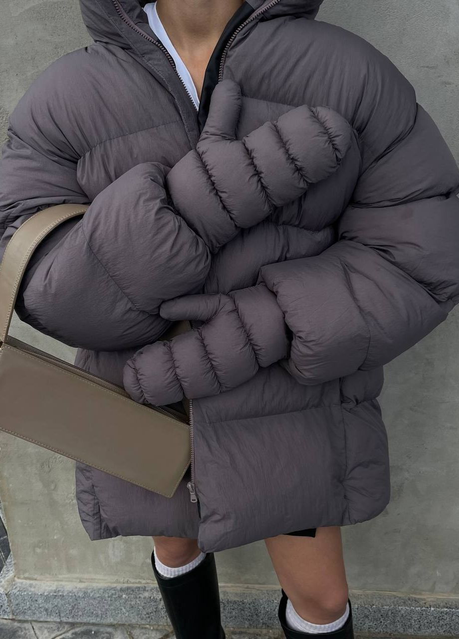 Сіра зимня жіноча зимова куртка подовжена з варежками ZF inspire