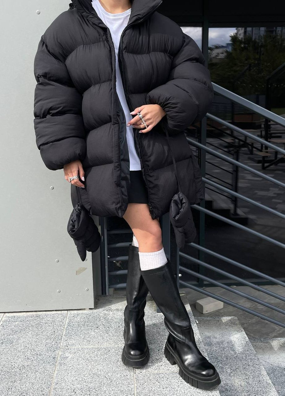 Чорна зимня жіноча зимова куртка подовжена з варежками ZF inspire