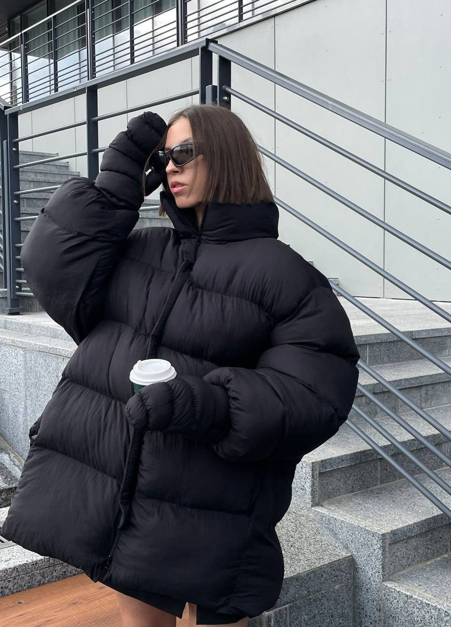 Черная зимняя женская зимняя куртка удлиненная с варежками ZF inspire
