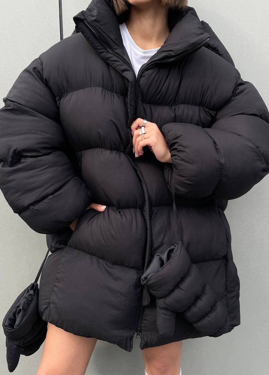 Черная зимняя женская зимняя куртка удлиненная с варежками ZF inspire