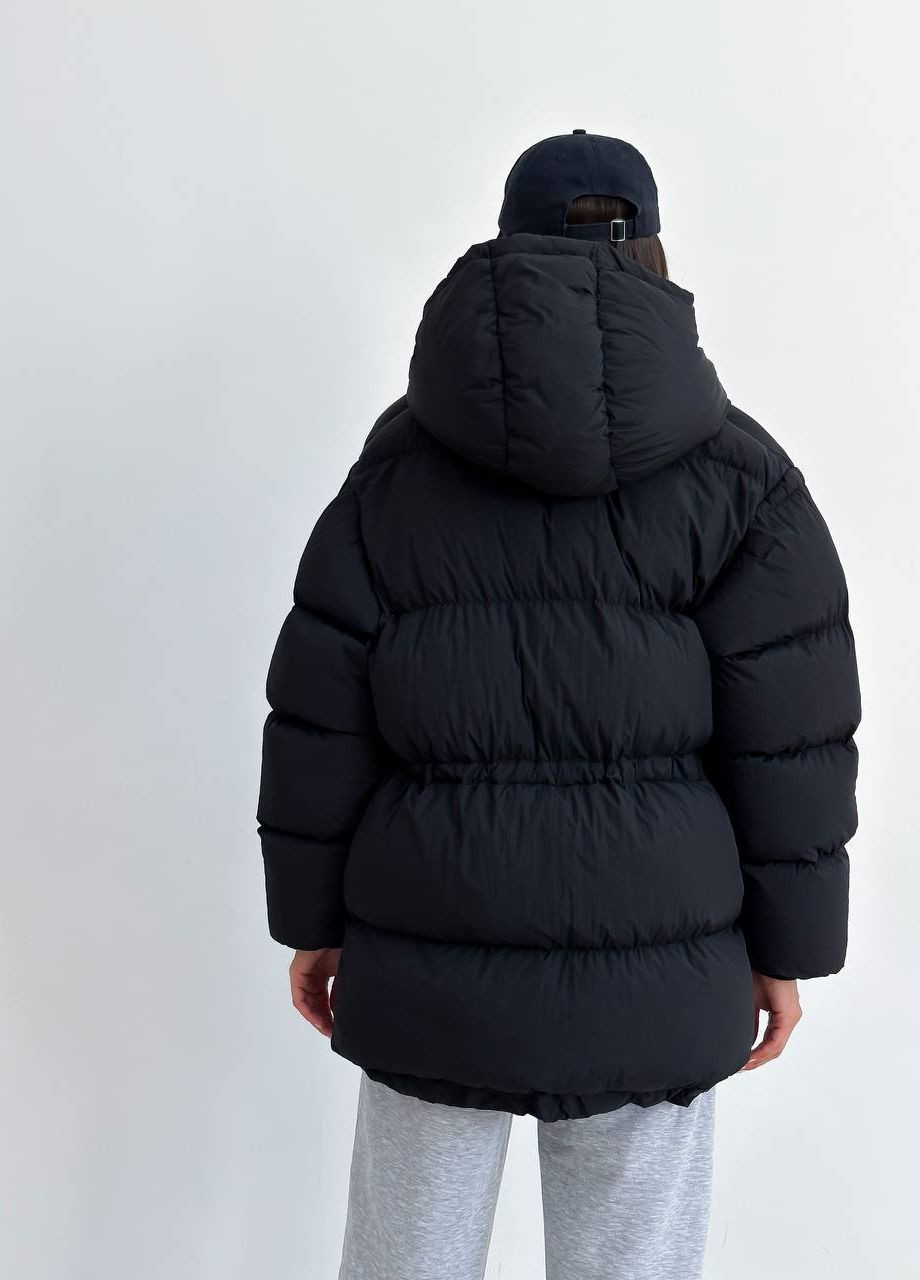 Чорна зимня жіноча зимова куртка із затяжками на талії ZF inspire