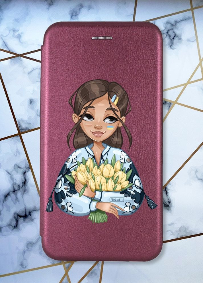Чехол-книжка с рисунком для Samsung Galaxy A04E/ A042 Бордовый :: Девушка с тюльпанами (принт 22) Creative (263699064)