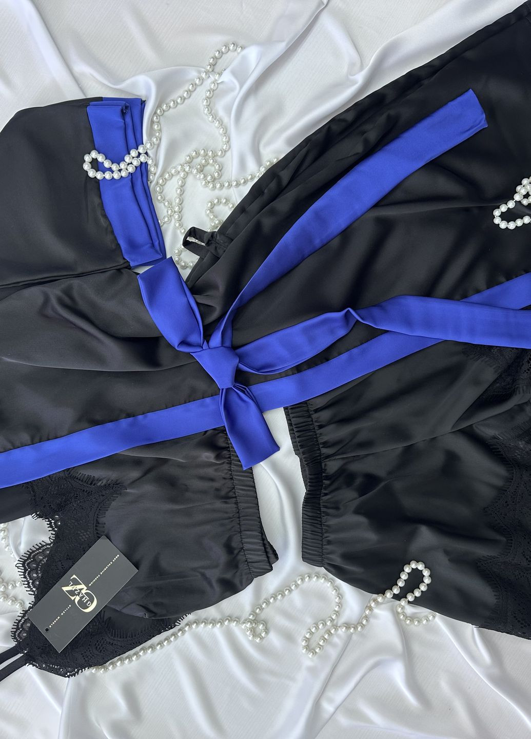 Черная всесезон шелковый домашний комплект шортики+топ+халат шелк с кружевом (тройка) Ghazel