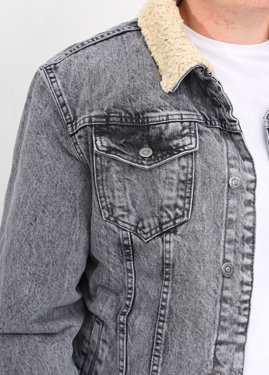 Светло-серая демисезонная куртка мужская джинсовая светло-серая с мехом внутри JEANSclub Прямая