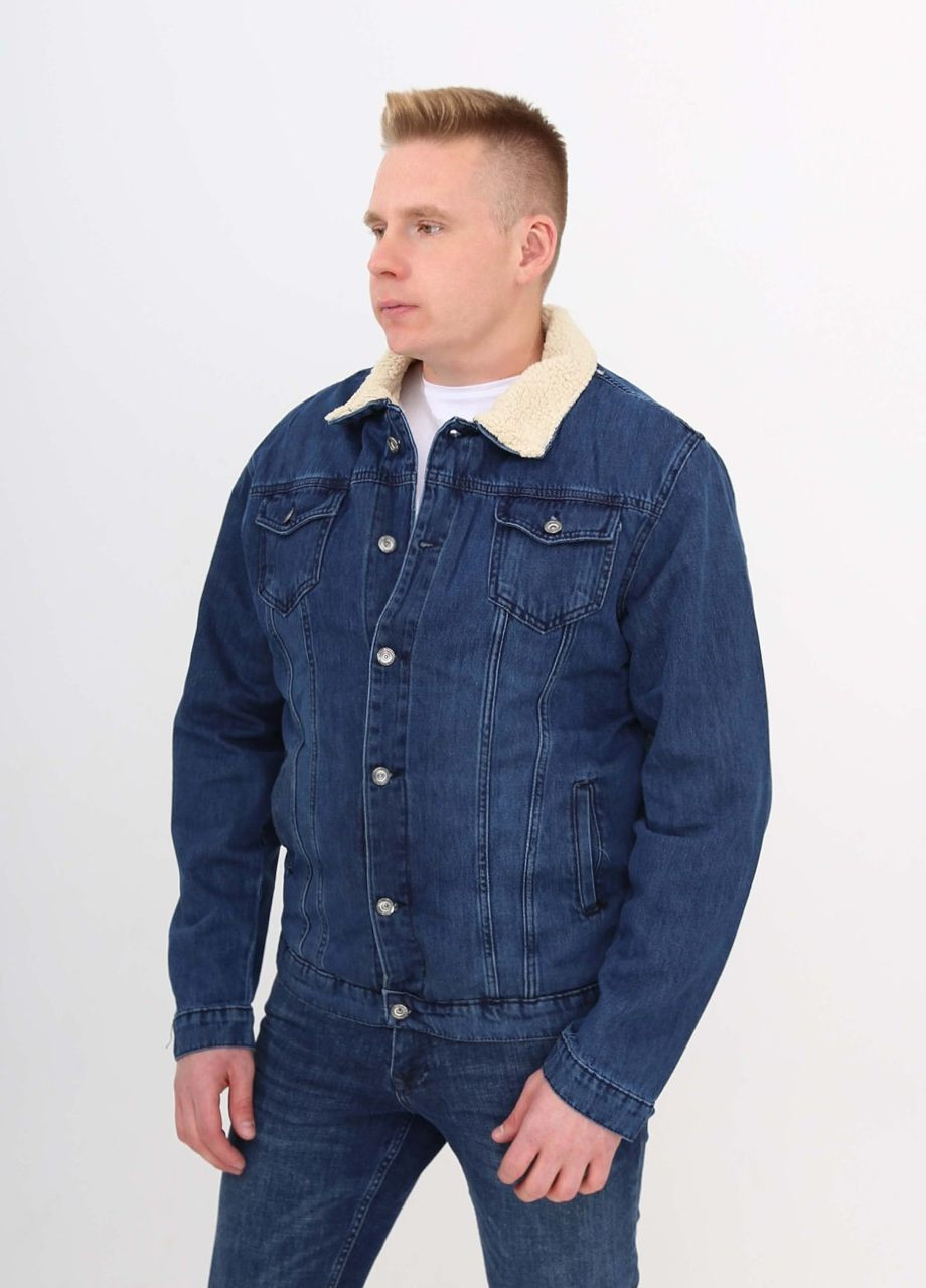 Синяя демисезонная куртка мужская джинсовая синяя с мехом внутри JEANSclub Прямая