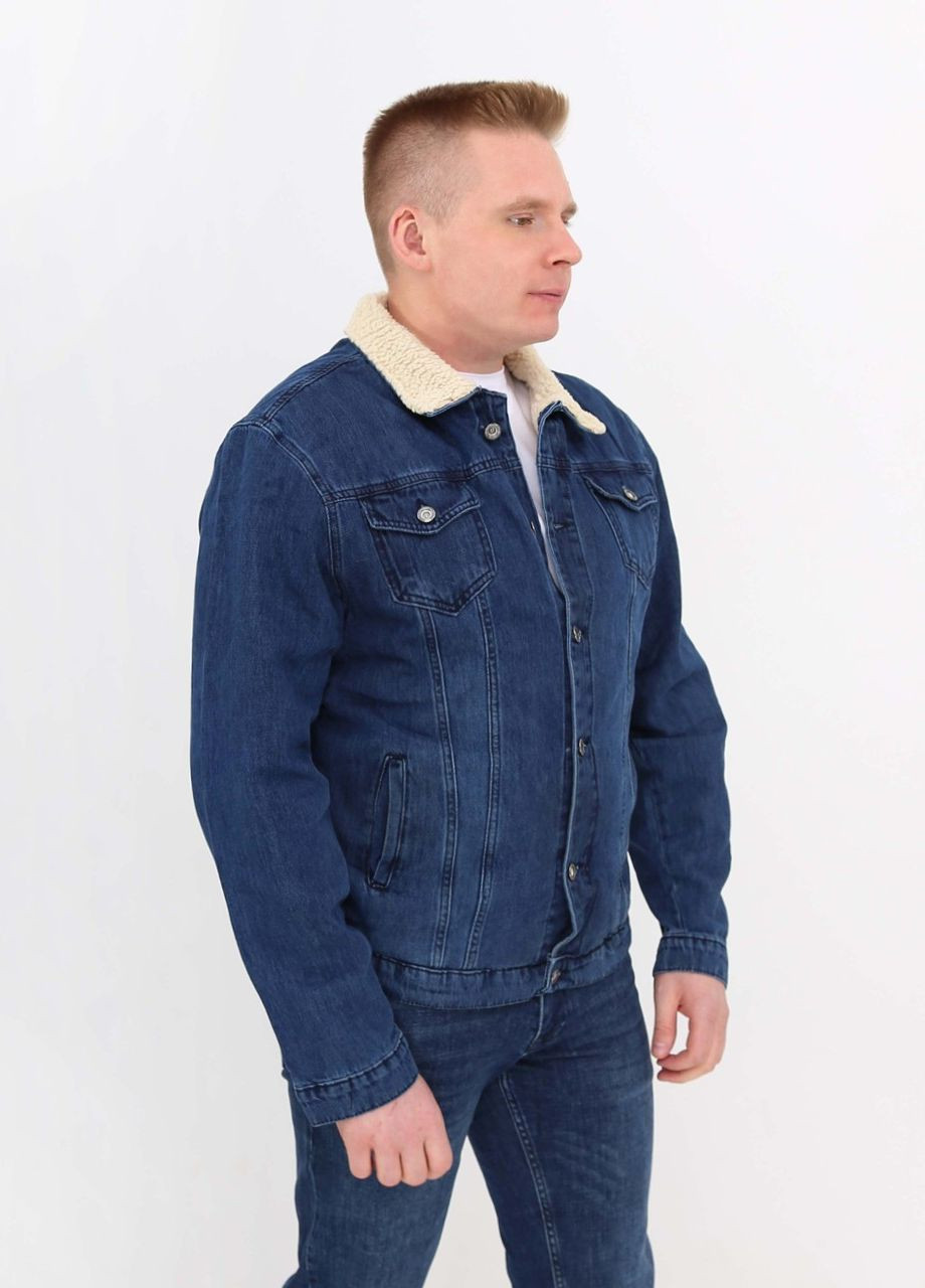 Синяя демисезонная куртка мужская джинсовая синяя с мехом внутри JEANSclub Прямая