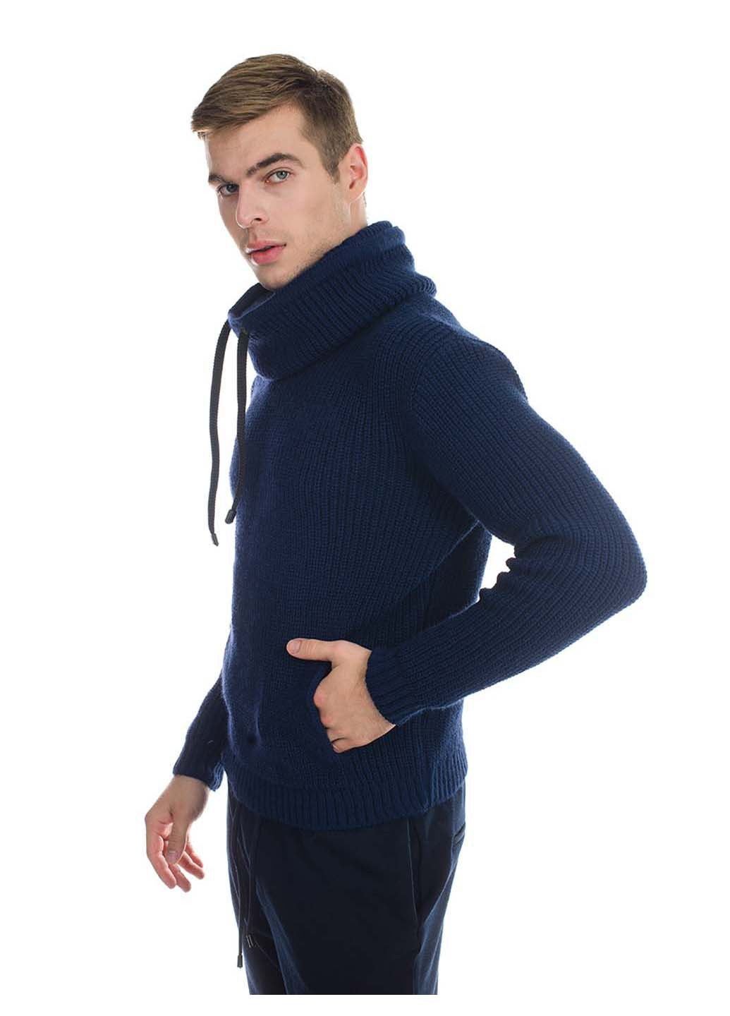 Темно-синій демісезонний светр-кенгуру з об'ємним коміром SVTR